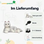 Infografik Lieferumfang: Katze grau-weiß, Bürste, 4 C-Batterien, Gebrauchsanleitung