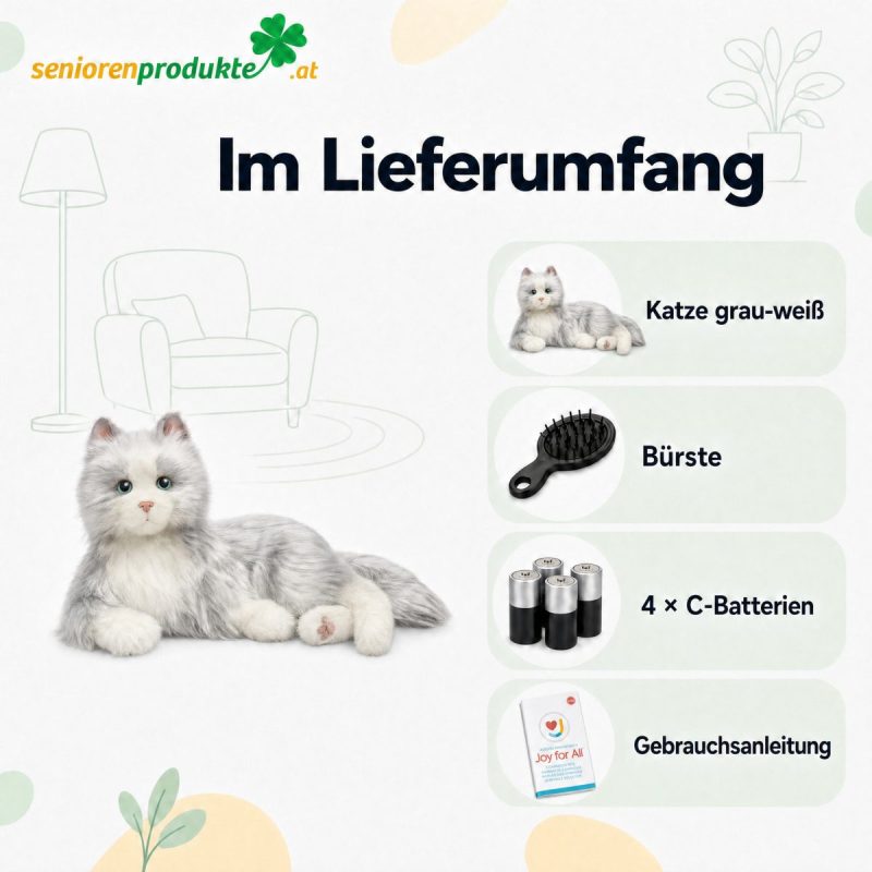 Infografik Lieferumfang: Katze grau-weiß, Bürste, 4 C-Batterien, Gebrauchsanleitung