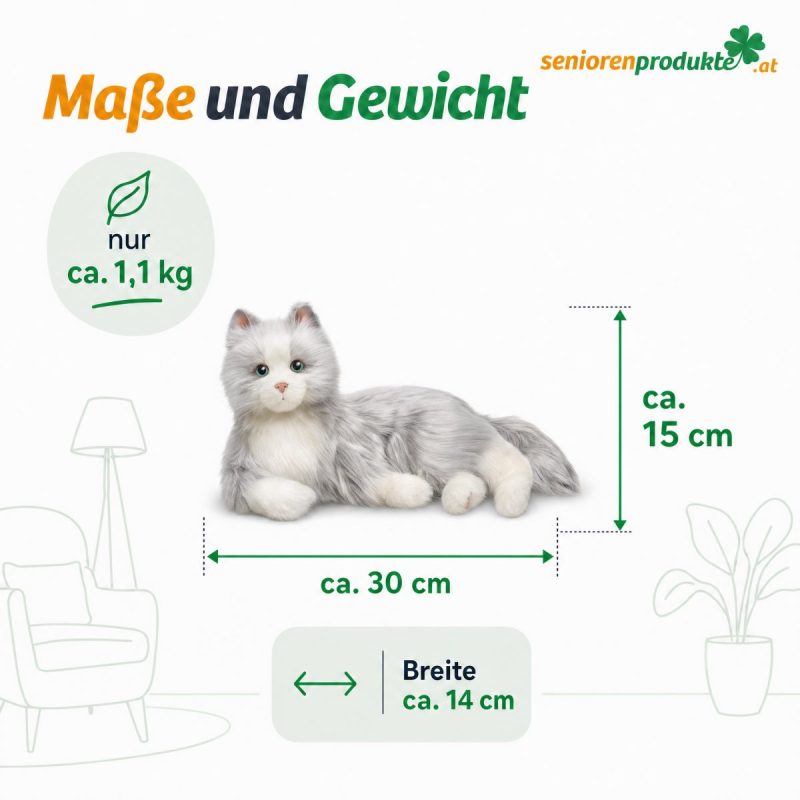 Infografik: Maße der Demenzkatze ca. 30 × 14 × 15 cm, Gewicht ca. 1,1 kg