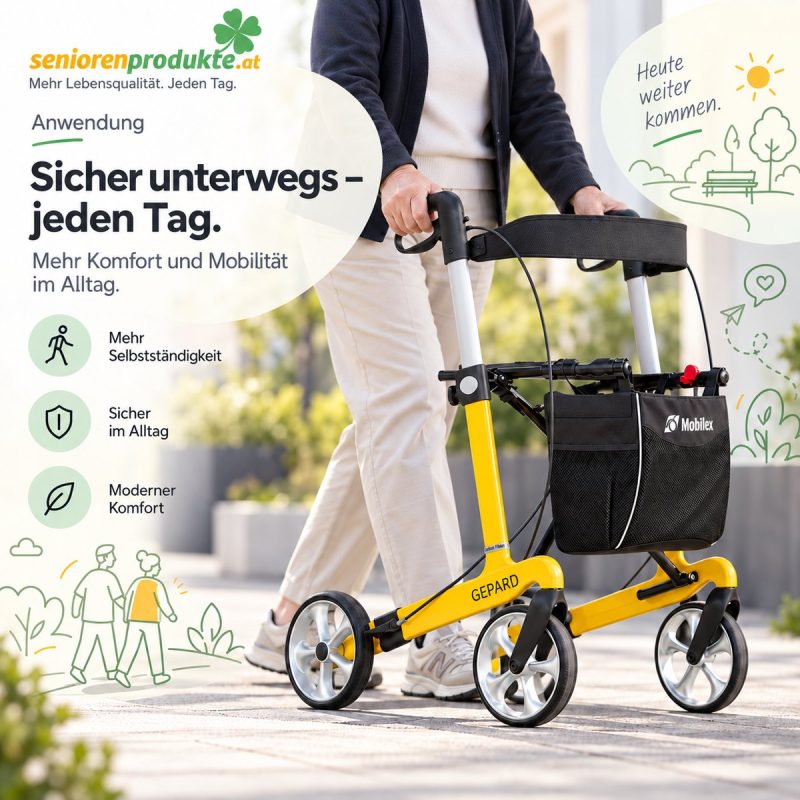 Person geht mit dem gelben Carbon-Rollator Gepard im Freien – sicher unterwegs im Alltag