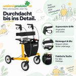 Details des Carbon-Rollators Gepard: ergonomische Griffe, Rückengurt und Sitz, abnehmbare Tasche