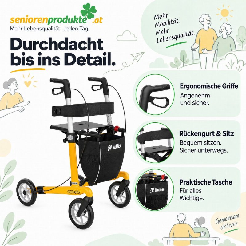 Details des Carbon-Rollators Gepard: ergonomische Griffe, Rückengurt und Sitz, abnehmbare Tasche