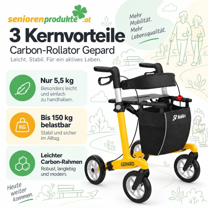 Carbon-Rollator Gepard: 3 Kernvorteile – nur 5,5 kg, bis 150 kg belastbar, leichter Carbon-Rahmen