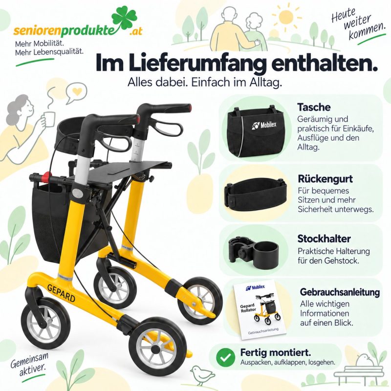 Lieferumfang Carbon-Rollator Gepard: Tasche, Rückengurt, Stockhalter und Gebrauchsanleitung – fertig montiert