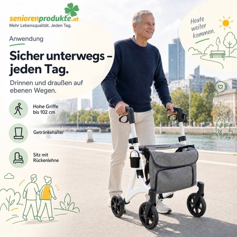 Älterer Herr schiebt den Rollator Mobiak Action White auf einer Uferpromenade