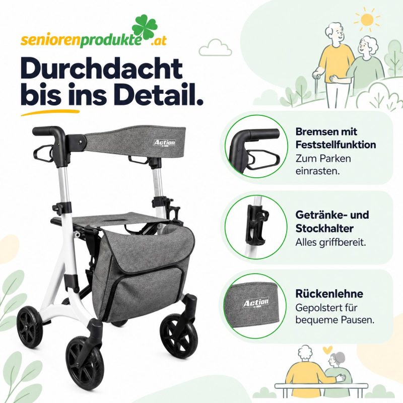 Infografik Rollator Mobiak Action White: Bremsen mit Feststellfunktion, Getränke- und Stockhalter, gepolsterte Rückenlehne