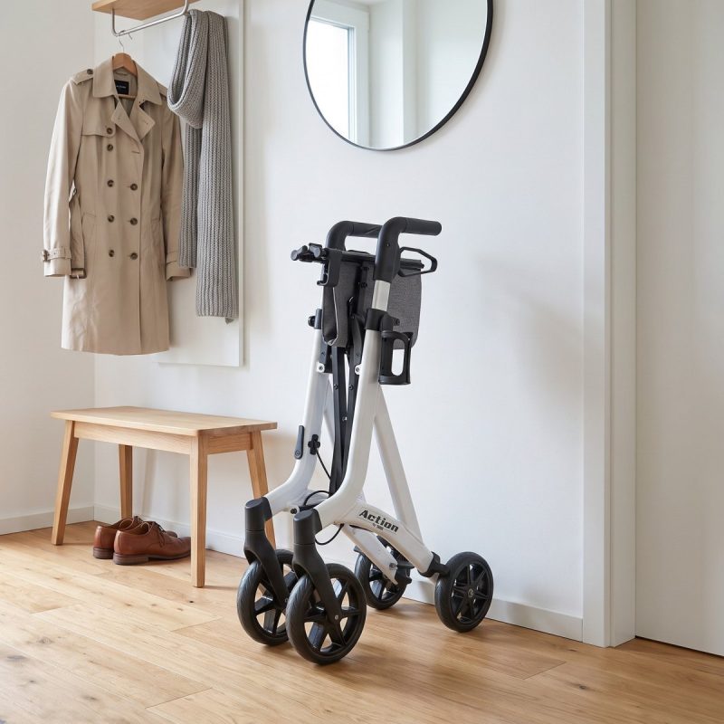 Gefalteter Rollator Mobiak Action White im Vorzimmer