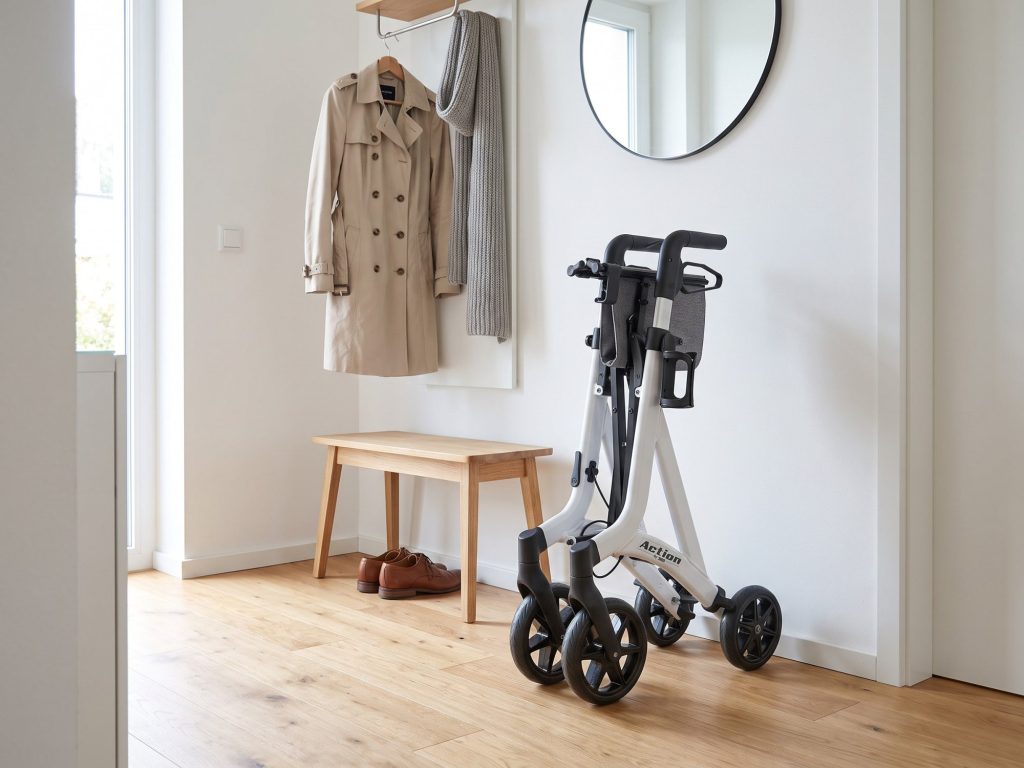 Gefalteter Rollator Mobiak Action White steht von selbst neben der Garderobe im Vorzimmer
