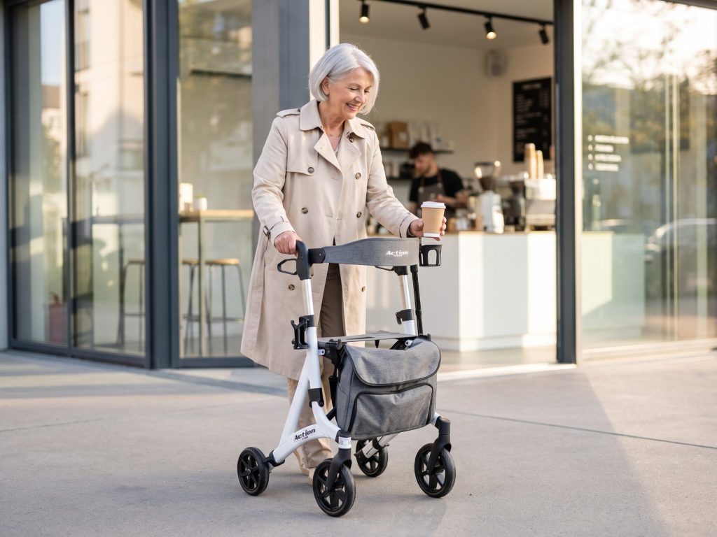 Dame stellt einen Kaffeebecher in den Getränkehalter des Rollators Mobiak Action White
