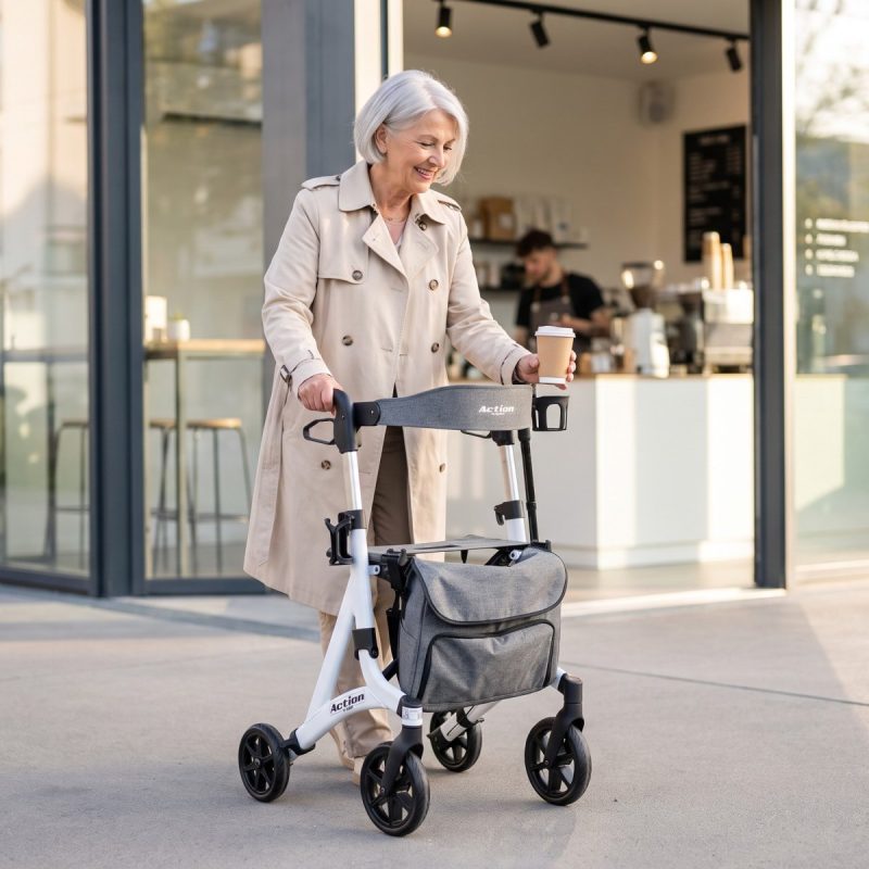 Dame mit Kaffeebecher im Getränkehalter des Rollators Mobiak Action White