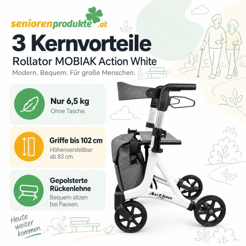 Infografik Rollator Mobiak Action White: nur 6,5 kg ohne Tasche, Griffe bis 102 cm, gepolsterte Rückenlehne