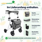 Lieferumfang Rollator Mobiak Action White: Tasche, Rückenlehne, Getränkehalter und Stockhalter