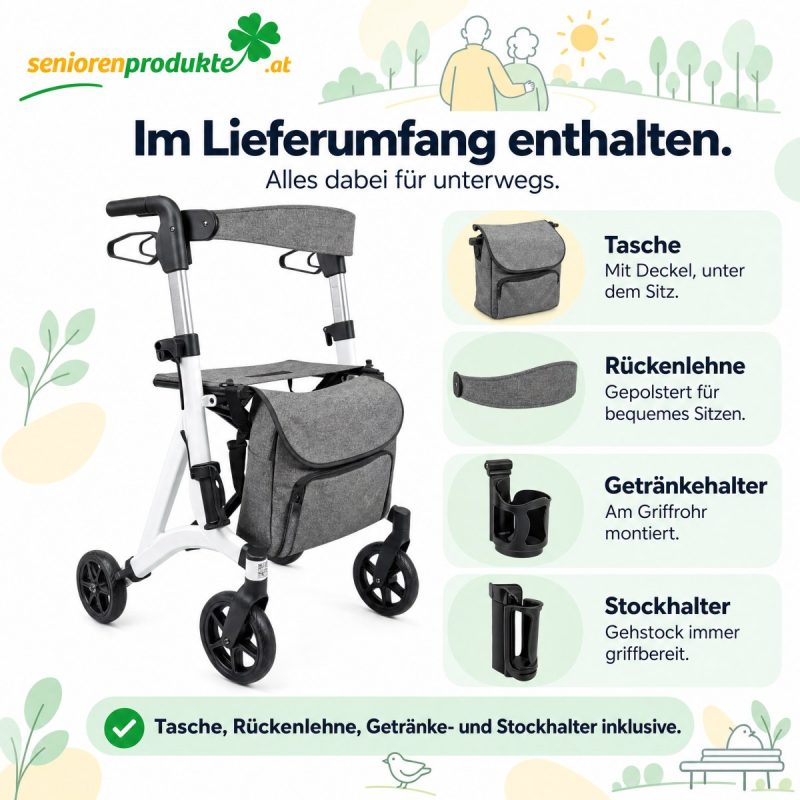 Lieferumfang Rollator Mobiak Action White: Tasche, Rückenlehne, Getränkehalter und Stockhalter
