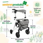 Maße Rollator Mobiak Action White: Griffhöhe 83–102 cm, Sitzhöhe 60 cm, Gesamtbreite 60 cm, gefaltet 23 cm breit