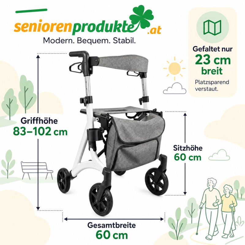 Maße Rollator Mobiak Action White: Griffhöhe 83–102 cm, Sitzhöhe 60 cm, Gesamtbreite 60 cm, gefaltet 23 cm breit