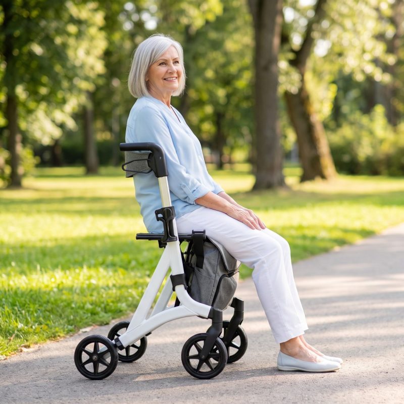 Dame sitzt auf dem Rollator Mobiak Action White und lehnt an der Rückenlehne