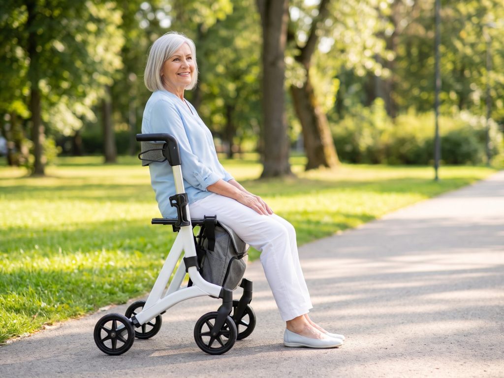 Dame macht eine Pause auf dem Sitz des Rollators Mobiak Action White und lehnt sich an die Rückenlehne