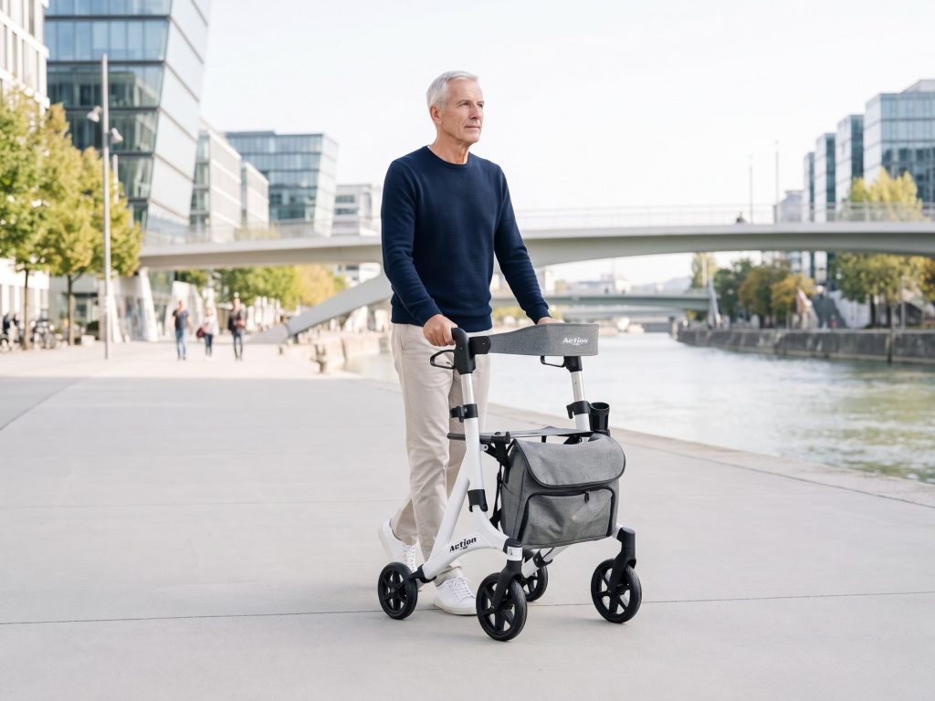 Älterer Herr geht mit dem Rollator Mobiak Action White auf einer Uferpromenade