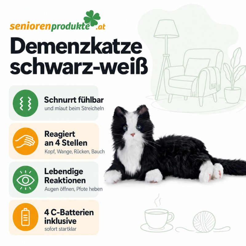 Infografik: Demenzkatze schwarz-weiß schnurrt fühlbar, reagiert an 4 Stellen, öffnet die Augen und hebt die Pfote, 4 C-Batterien inklusive