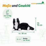 Infografik: Maße der Demenzkatze ca. 30 × 14 × 15 cm, Gewicht ca. 1,1 kg