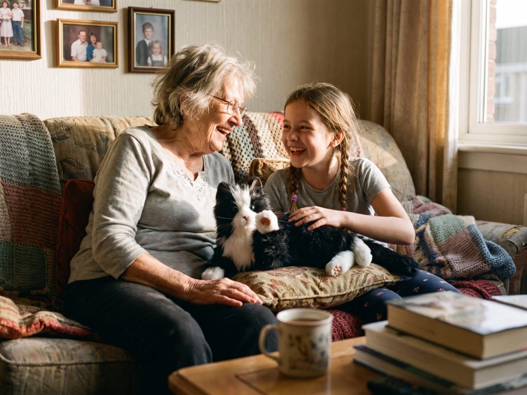 Großmutter und Enkelin lachen auf dem Sofa, zwischen ihnen liegt die schwarz-weiße Joy-for-All-Katze