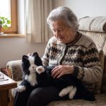 Seniorin auf der Couch streichelt die schwarz-weiße Joy-for-All-Katze auf ihrem Schoß