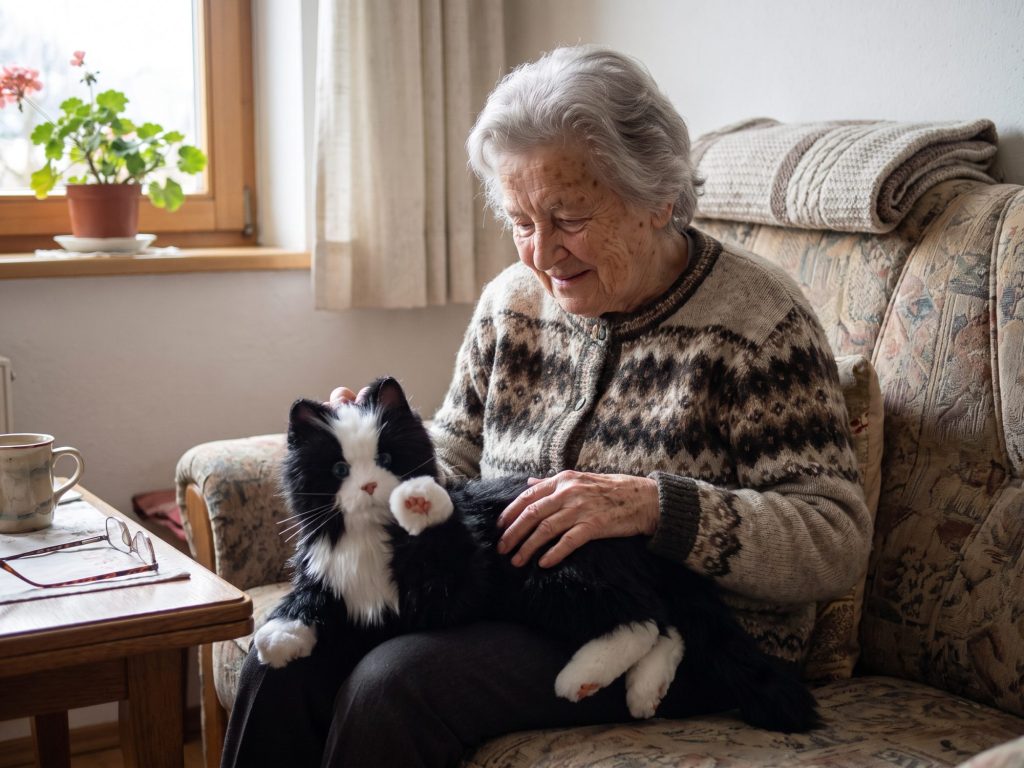 Seniorin auf der Couch streichelt die schwarz-weiße Joy-for-All-Katze auf ihrem Schoß, die Katze hebt die Pfote