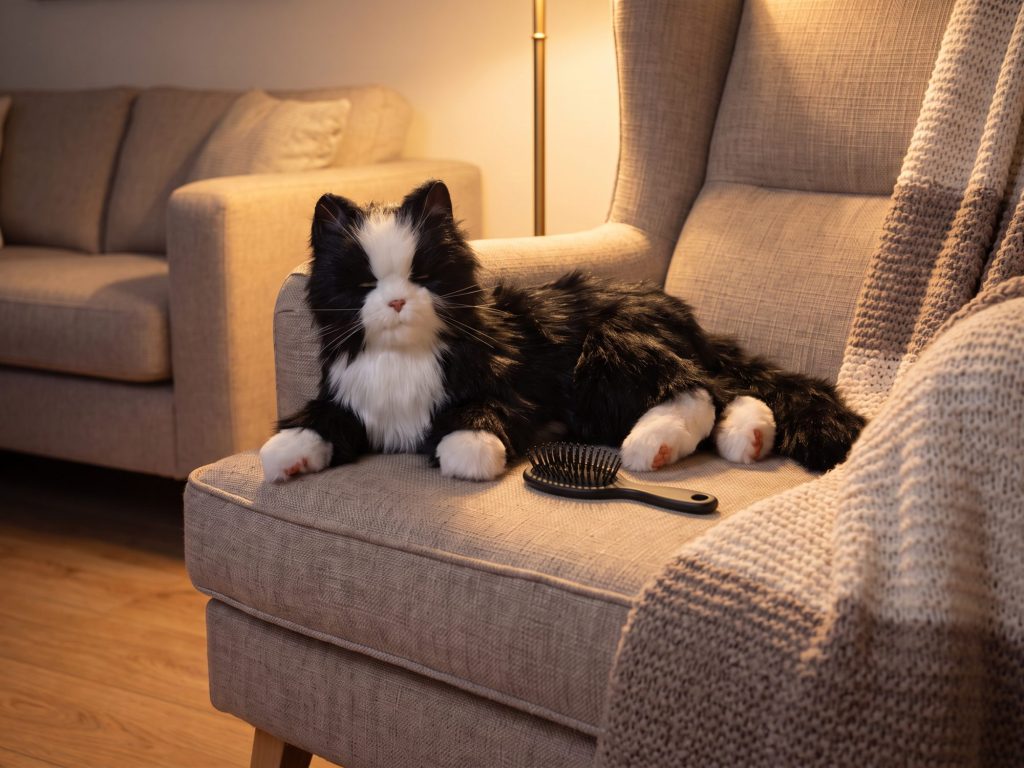 Die schwarz-weiße Joy-for-All-Katze liegt auf einem Sessel statt am Boden, daneben die beiliegende Bürste