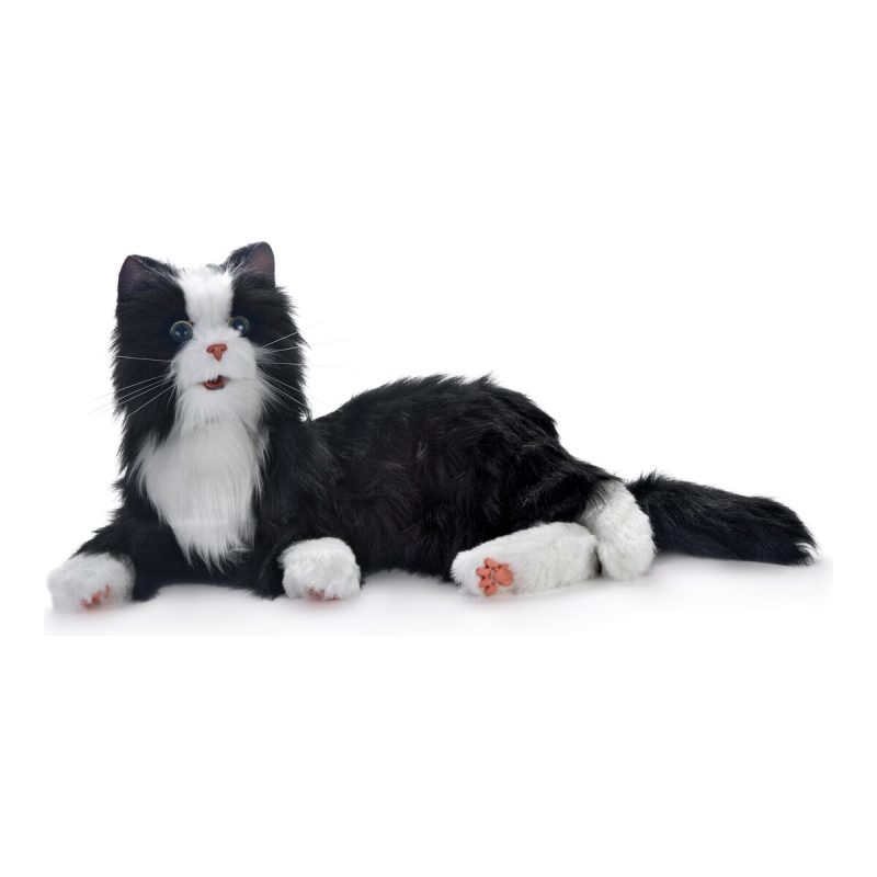 Schwarz-weiße Roboterkatze von Joy for All miaut