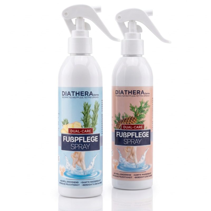 Fußspray DIATHERA Derma – beide Düfte Zwei Flaschen DIATHERA Derma Fußpflege-Spray 250 ml: blau mit Duft Rosmarin & Ingwer und rosé mit Duft Zeder