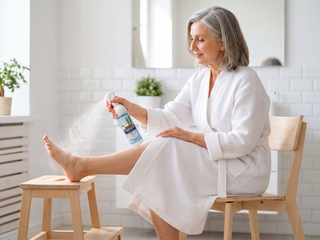 Ältere Frau im Bademantel sitzt auf einem Stuhl im Bad und sprüht das Fußspray DIATHERA Derma Rosmarin & Ingwer auf ihren Fuß, ohne sich zu bücken