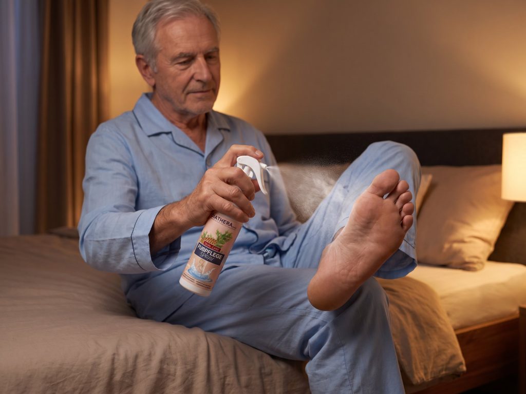 Älterer Mann im Pyjama sitzt abends auf der Bettkante, hat ein Bein übergeschlagen und sprüht das Fußspray DIATHERA Derma Zeder auf seine Fußsohle