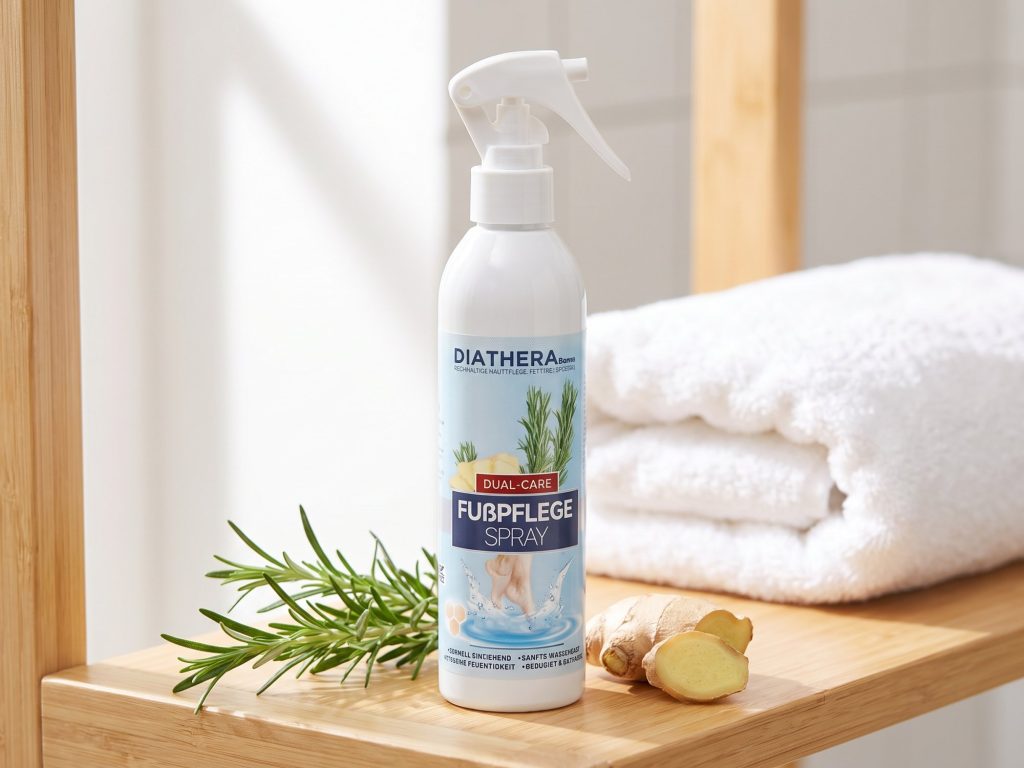 Fußspray DIATHERA Derma Rosmarin & Ingwer auf einem Holzregal im Bad, daneben Rosmarinzweig, Ingwer und ein Handtuch