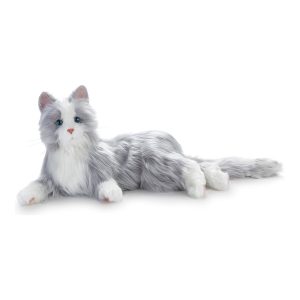Joy-for-All Demenzkatze grau-weiß liegend mit offenen Augen