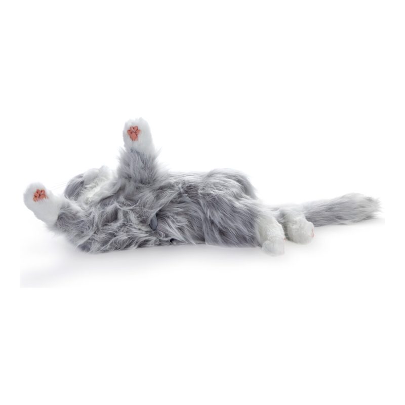 Joy-for-All-Katze grau-weiß rollt sich zum Bauchkraulen auf den Rücken