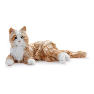 Joy-for-All Demenzkatze rot-weiß liegend mit offenen Augen